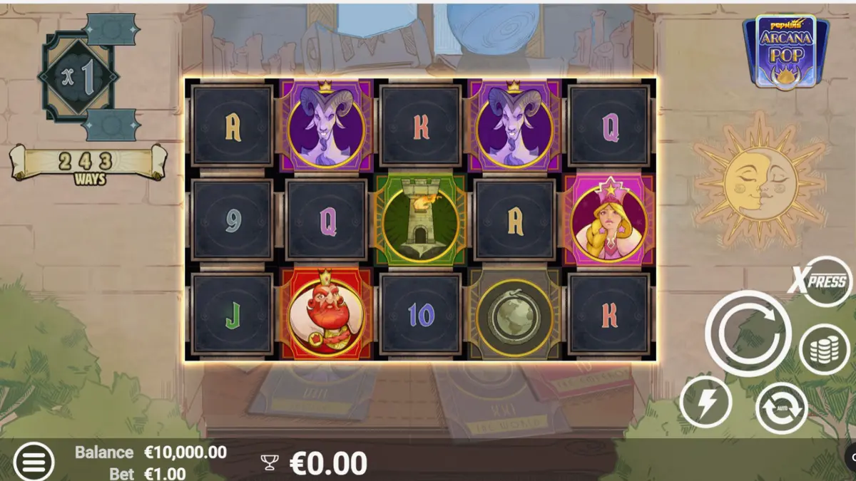 Tampilan visual mistis slot Arcana Pop dengan simbol tarot dan gulungan PopWins