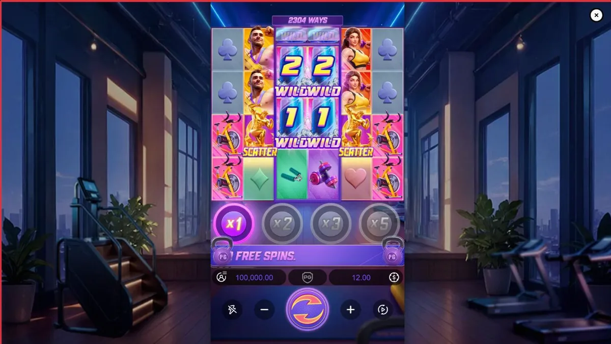 Tampilan antarmuka slot Mighty Mania dengan tema gym dan neon