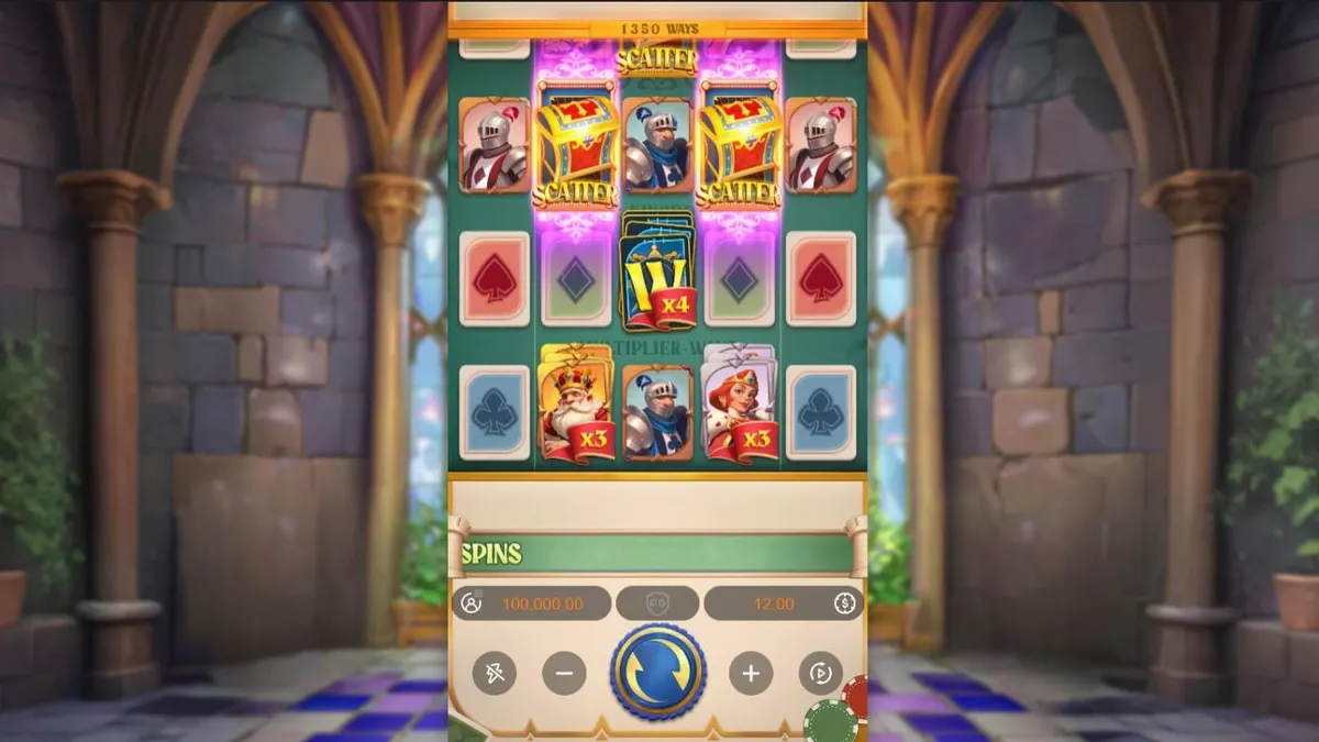 Tampilan visual slot Poker Kingdom Win dengan tema kerajaan dan kartu remi.